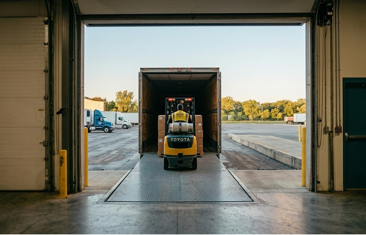 Semi truck being loaded at a warehouse dock