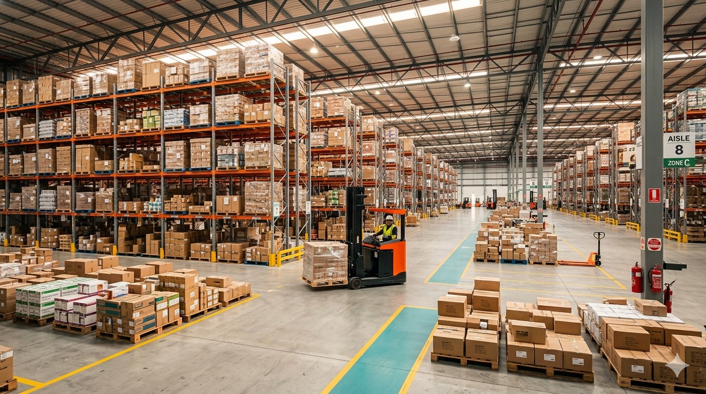 Organized warehouse with mixed pallets of freight ready for consolidation