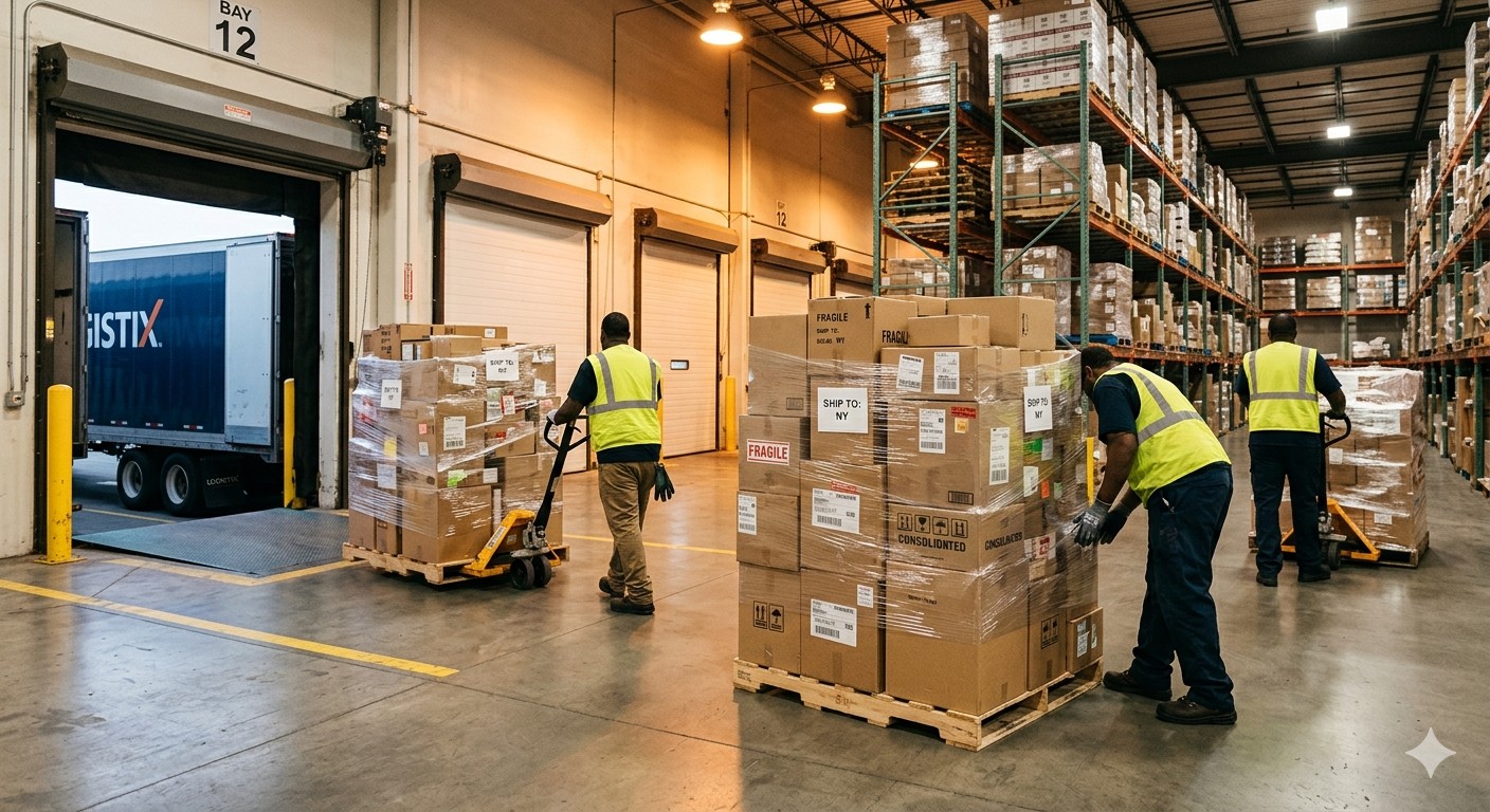 Freight being consolidated and organized at a warehouse loading dock